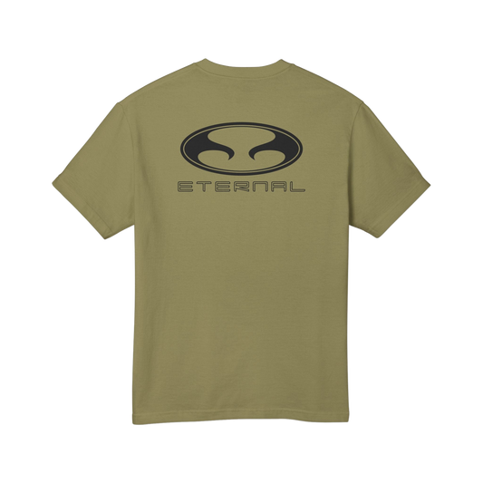 Eternal Mugu Tee in Faded OD Green with Black Oval Eternal Logo with Text on Back