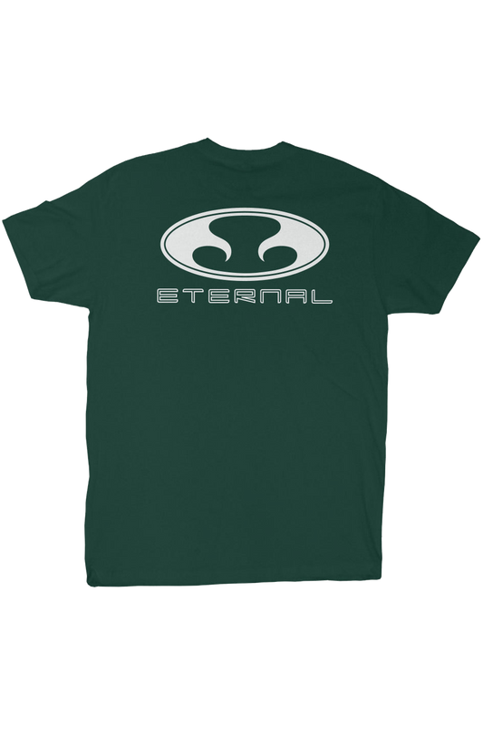 Eternal Ultra Soft T-Shirt Forest Green with White Oval Eternal Logo with Text on Back (Back)