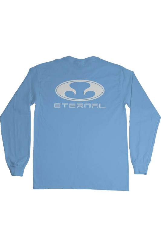 Eternal White Oval Logo with Text on Carolina Blue Long sleeve shirt (Back)