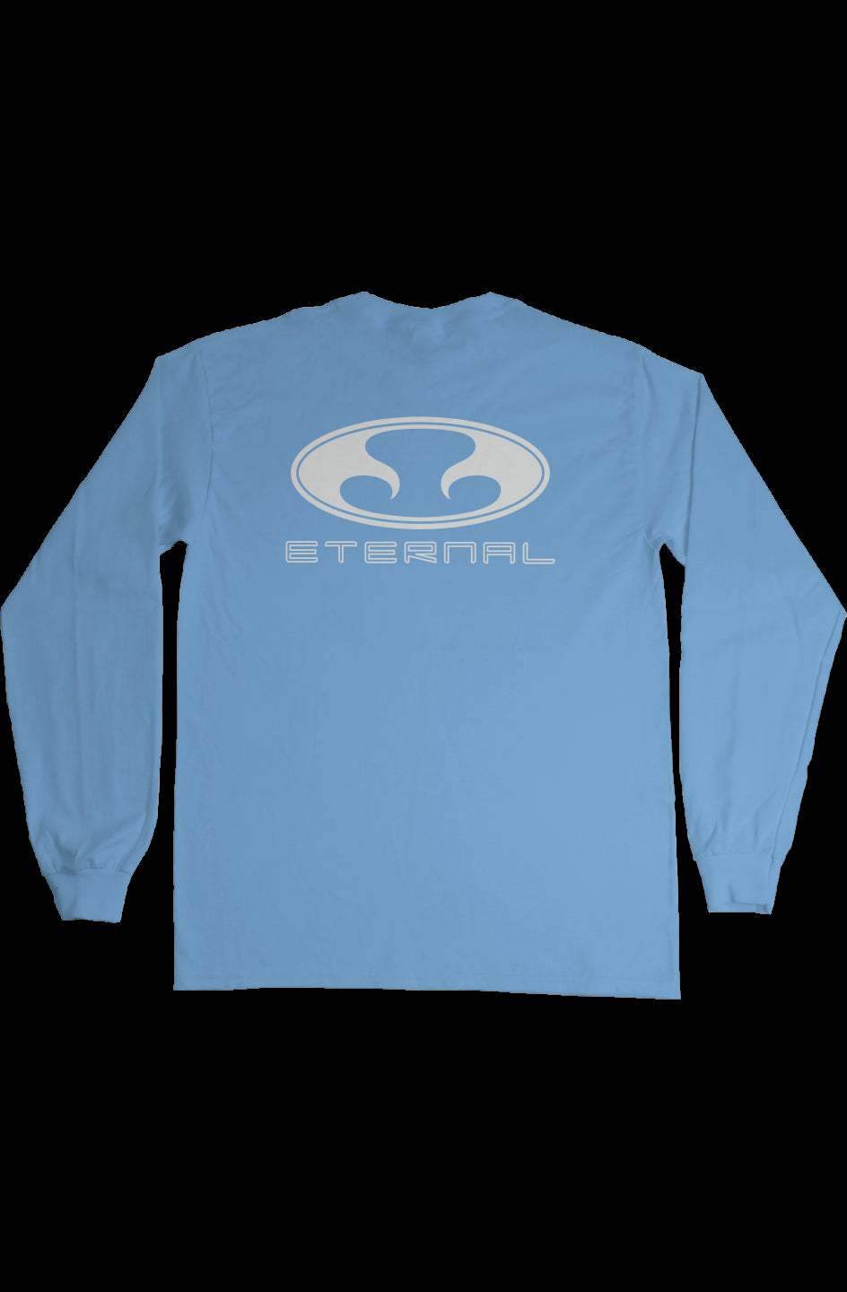 Eternal White Oval Logo with Text on Carolina Blue Long sleeve shirt (Back)