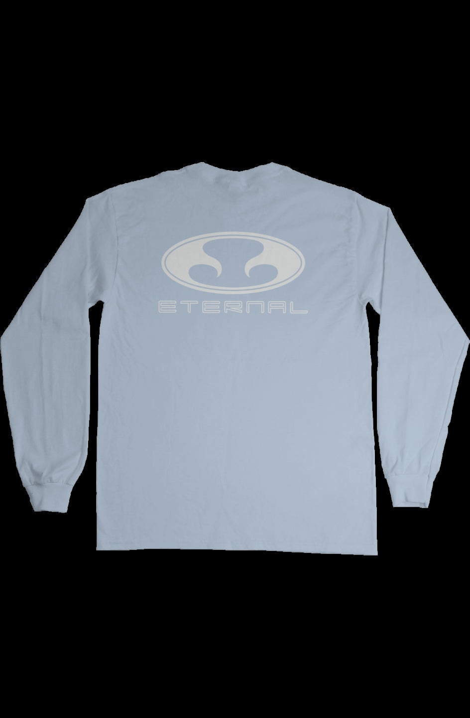 Eternal White Oval Logo with Text on Light Blue Long sleeve shirt (Back)