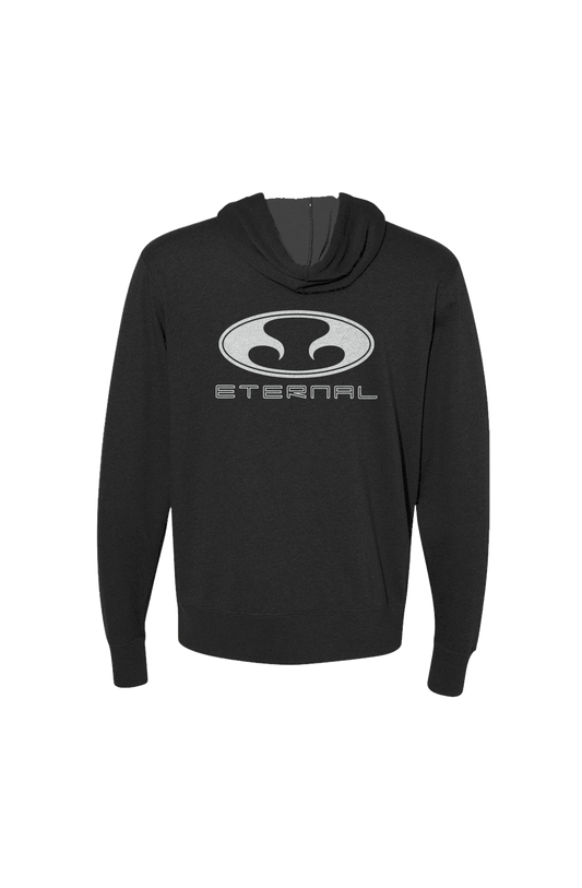 Eternal Hossegor Heathered French Terry Full-Zip Hooded Sweatshirt White Oval Log with Text o on Black (Back)