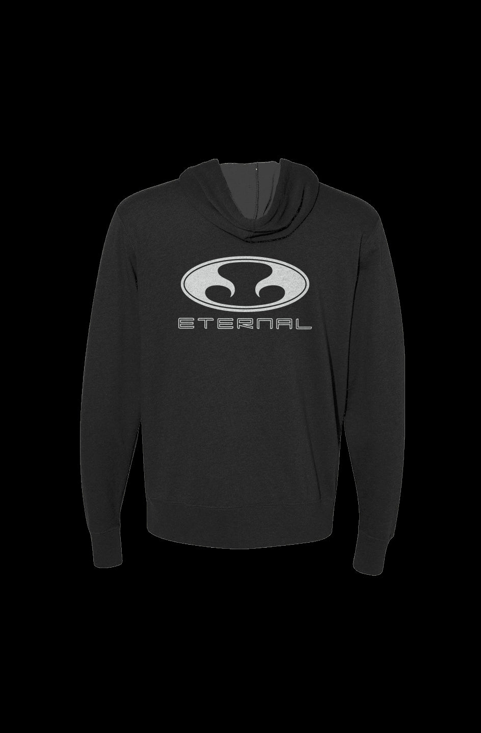 Eternal Hossegor Heathered French Terry Full-Zip Hooded Sweatshirt White Oval Log with Text o on Black (Back)