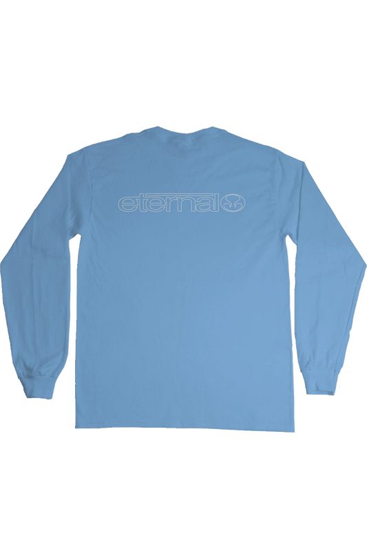 Eternal Sandspit Longsleeve T-Shirt with White Linear Logo on Back Carolina Blue (Back Image)