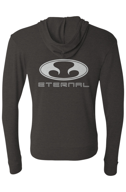 Eternal OvO Triblend Full-Zip Lightweight Hoodie White Zipper Path Oval logo on front and back Gray (Back)