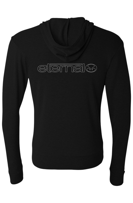 Triblend Full-Zip Lightweight Hoodie White Zipper path White Linear Logo Printed DTG on left chest and larger on back (Back)