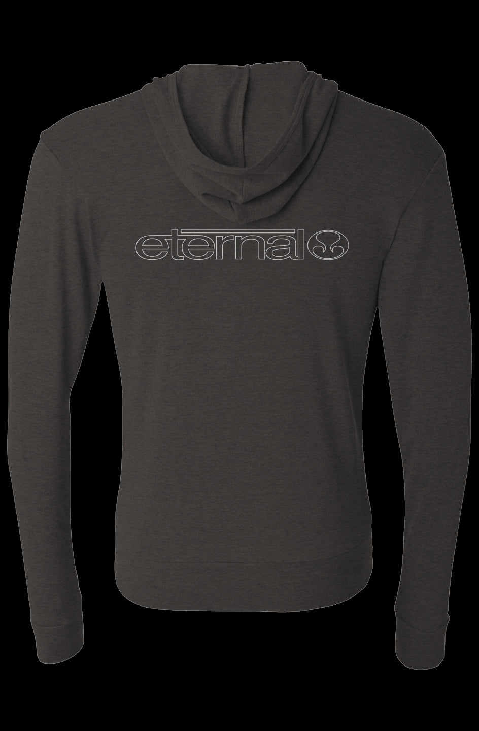 Triblend Full-Zip Lightweight Hoodie White Zipper path White Linear Logo Printed DTG on left chest and larger on back Charcoal (Back)