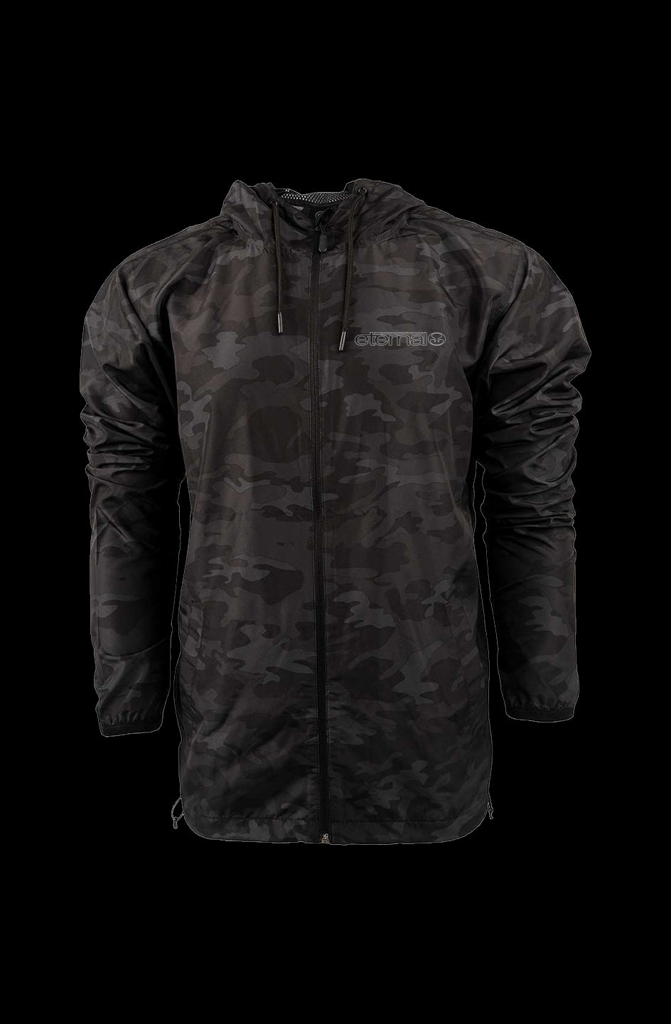 Eternal Black Camo Stormbreaker Jacket. Full Zip Windbreaker With Hood Linear Logo DTG Printed In White on Left Chest