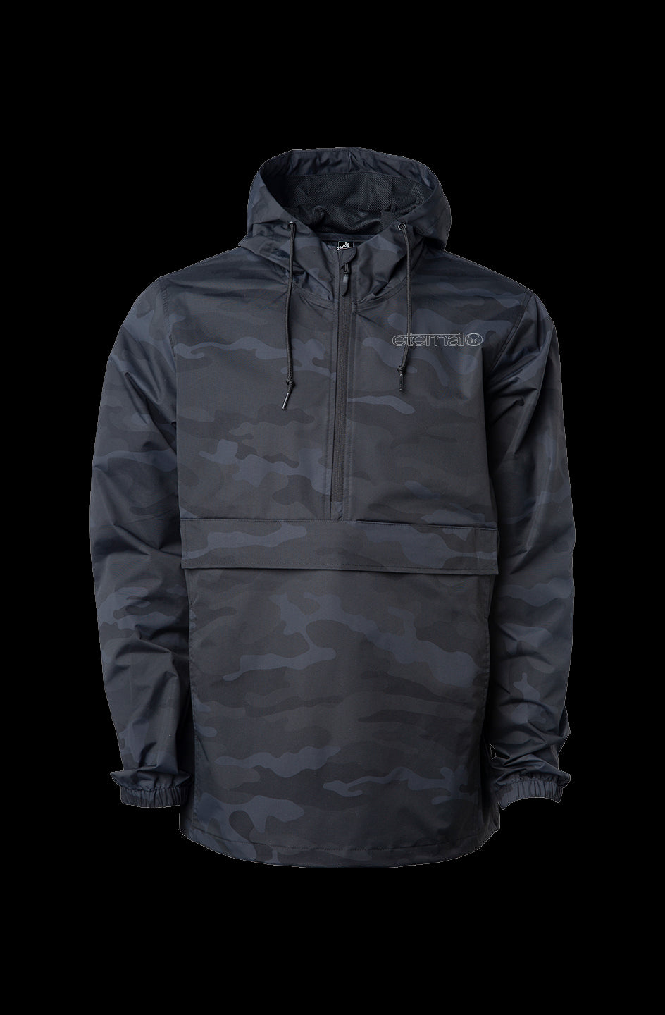Eternal Black Camo Pattern Anorak Jacket White Linear Logo Printed Small On Left Chest Waterproof Level 3