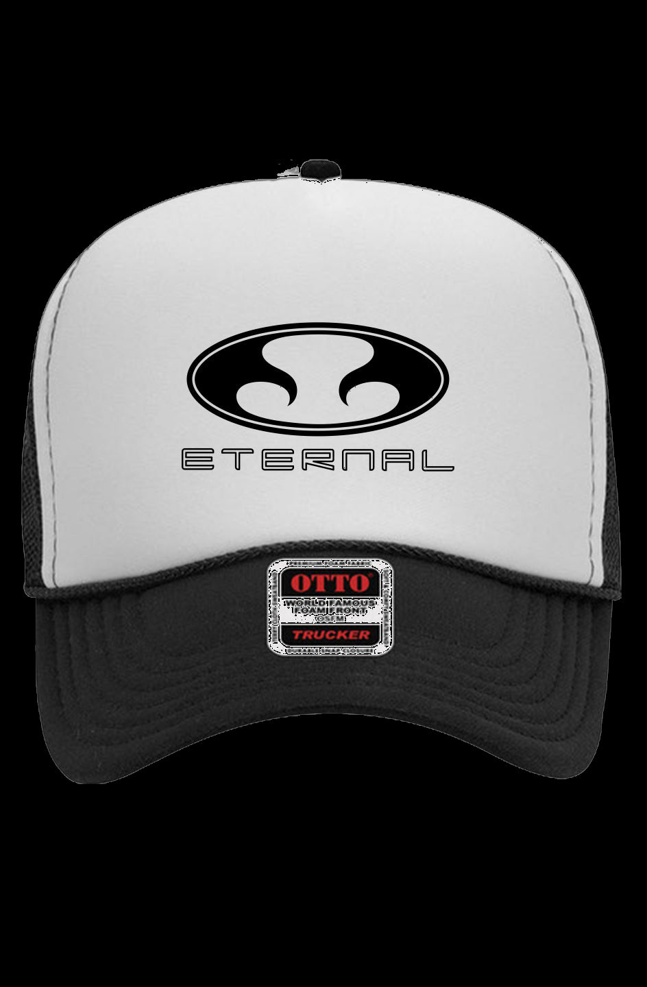 Eternal Oval Logo With Text DTG Printed Otto White Foam Front 5 Panel Trucker Hat One Size Fits All Black Mesh and Bill
