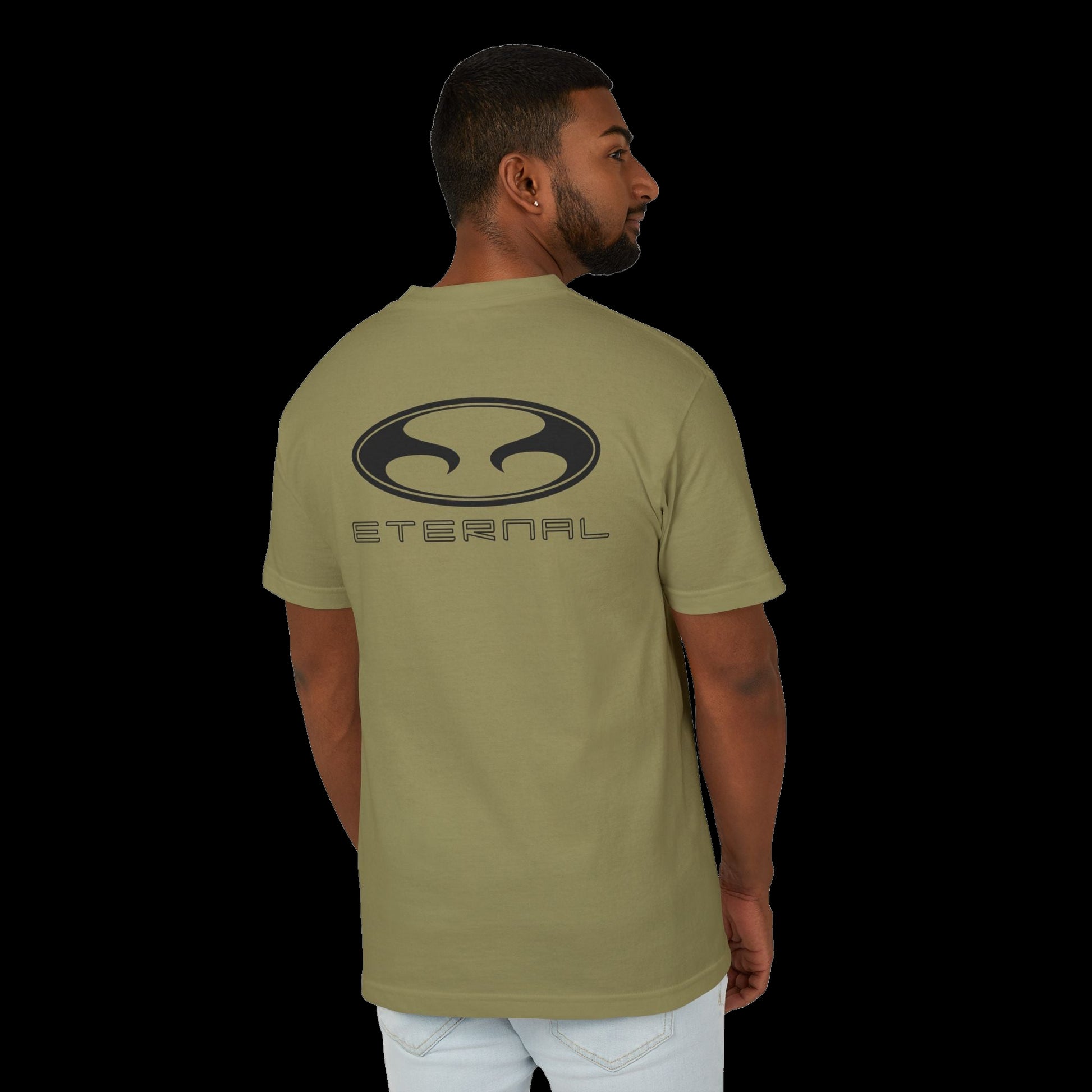 Eternal Mugu Tee in Faded OD Green with Black Oval Eternal Logo with Text on Back
