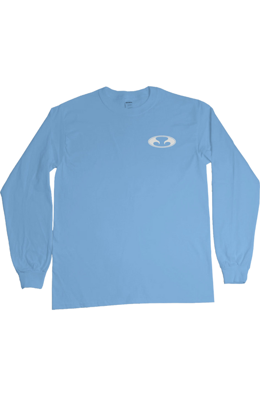 Eternal White Oval Logo on Carolina Blue Long sleeve shirt