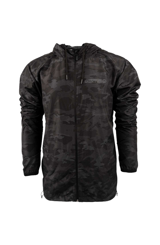 Eternal Black Camo Stormbreaker Jacket. Full Zip Windbreaker With Hood Linear Logo DTG Printed In White on Left Chest