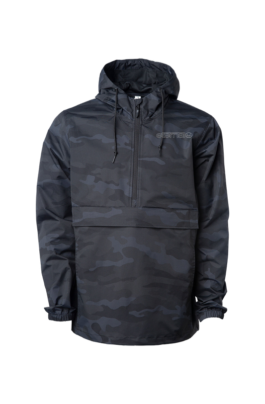 Eternal Black Camo Pattern Anorak Jacket White Linear Logo Printed Small On Left Chest Waterproof Level 3