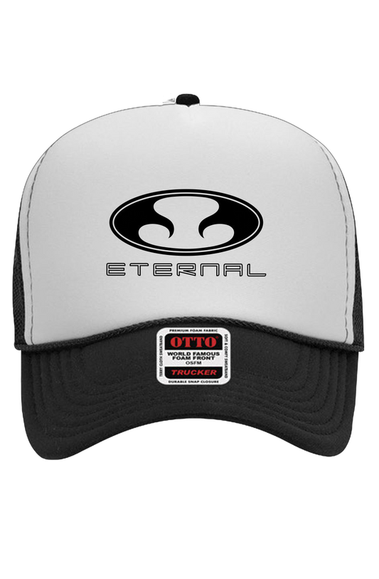 Eternal Oval Logo With Text DTG Printed Otto White Foam Front 5 Panel Trucker Hat One Size Fits All Black Mesh and Bill