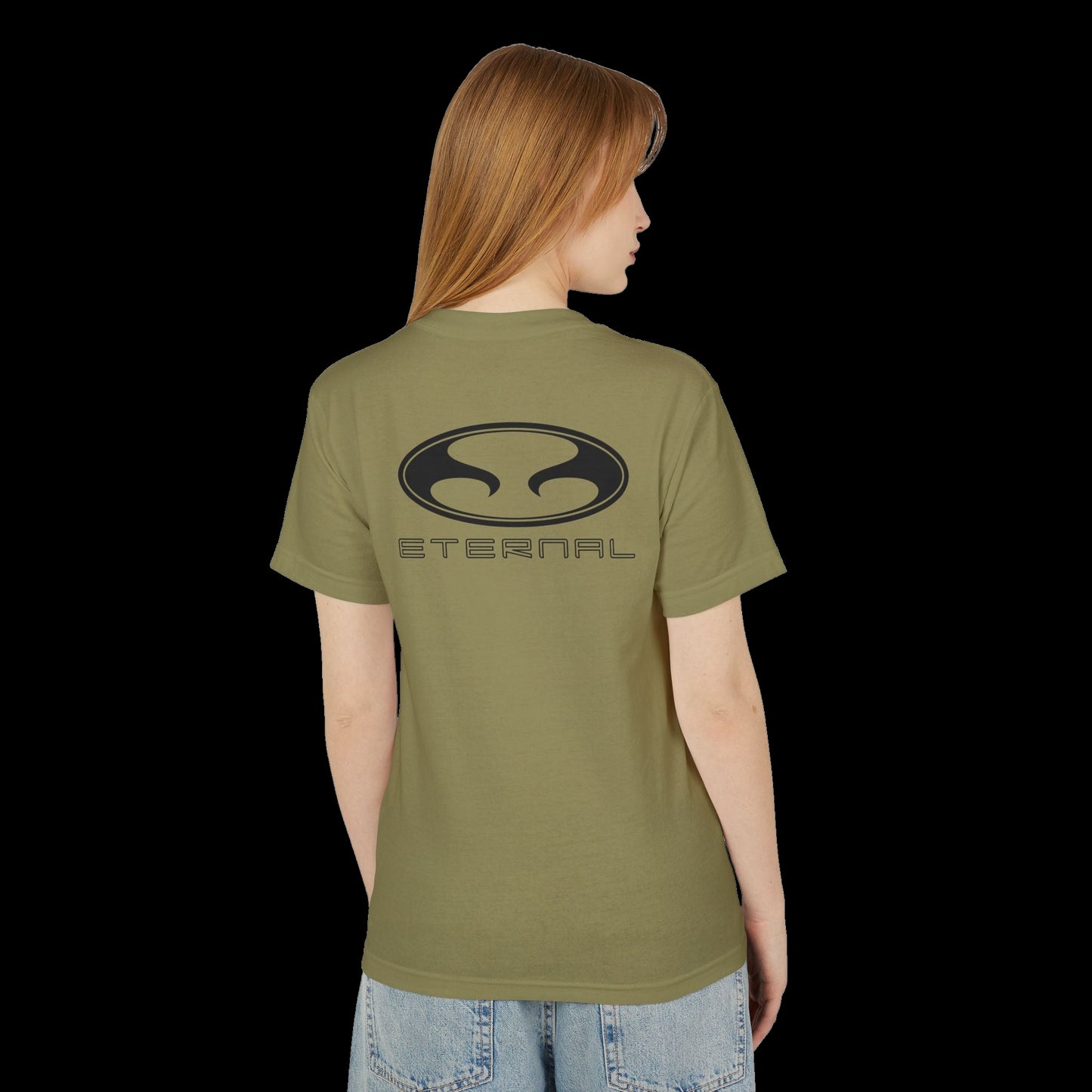 Eternal Mugu Tee in Faded OD Green with Black Oval Eternal Logo with Text on Back