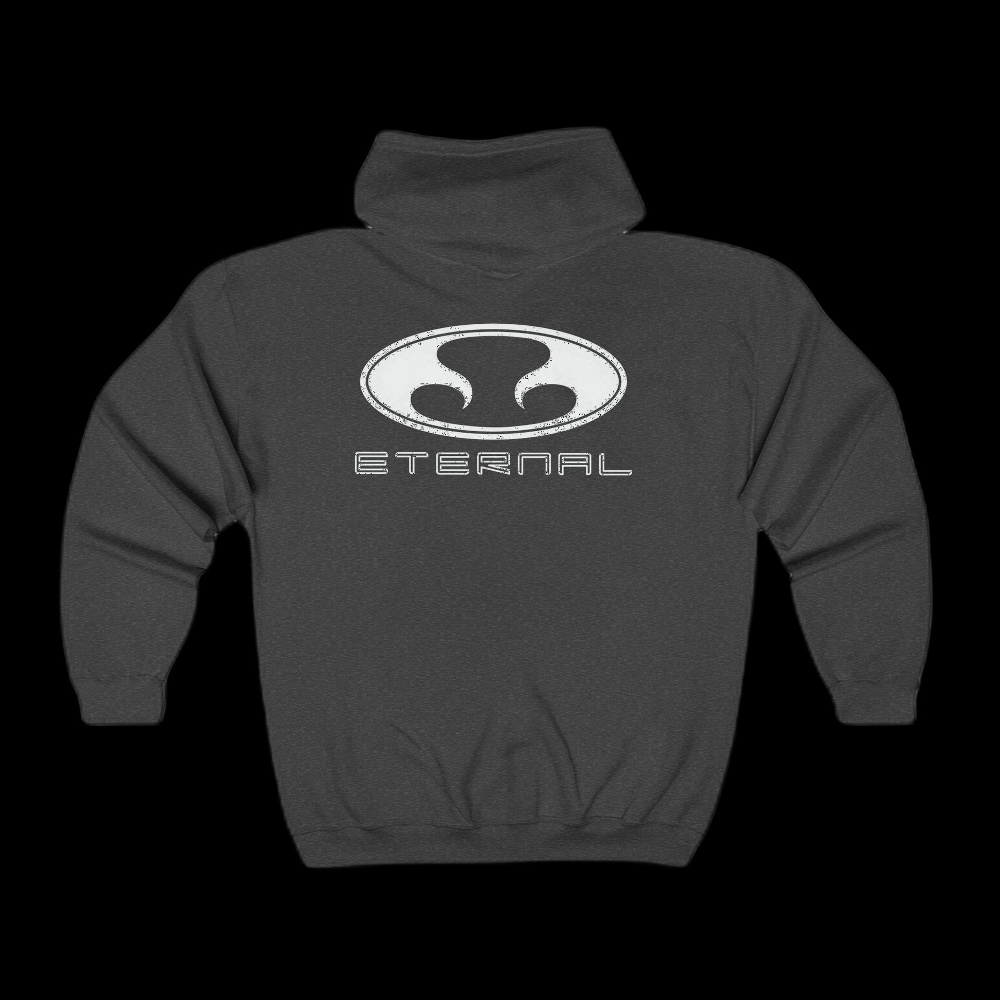 Eternal Night Surf Hoodie in Charcoal with White Oval Eternal Logo (Back)